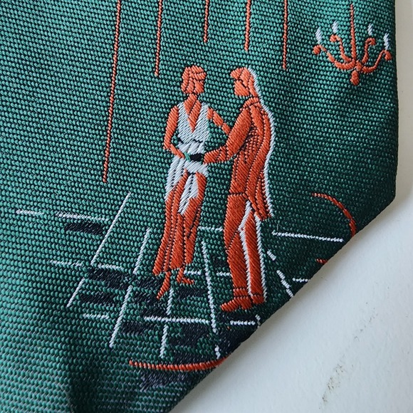 Vintage Neck Tie Ballroom Dancing Couple Tango 1970s Wide Embroidery Dark Green - Picture 2 of 10
